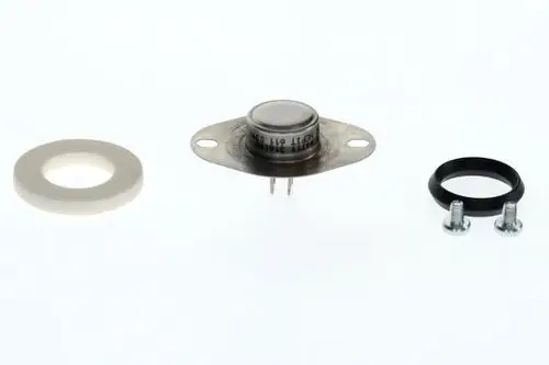 Bosch Abgasüberwachungsfühler, umgeben von einer Dichtung, zwei Schrauben und einer Gummiringe. Der Fühler hat zwei Anschlussstifte und eine metallische Halterung.